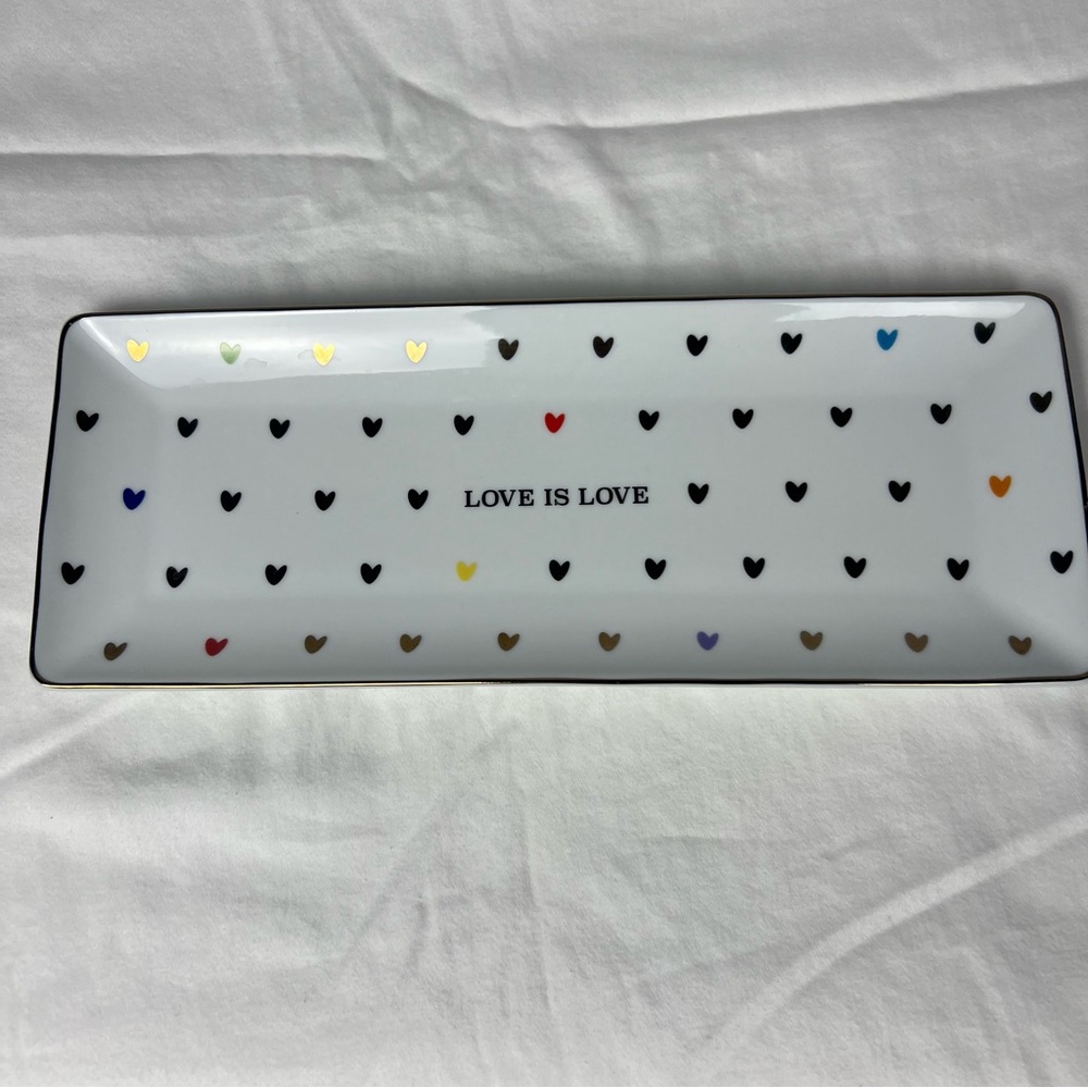 Williams Sonoma Love is Love tray with gold trim and multicolored hearts. - Picture 2 of 6